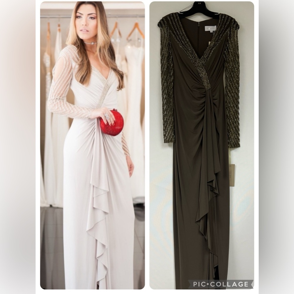 Mignon beaded sexy full length asymmetrically gathered surplice bodice gown